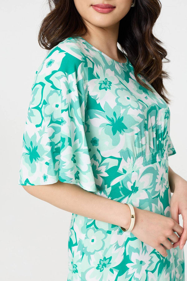 Green | Floral Flared Sleeve A-Line Midi Dress