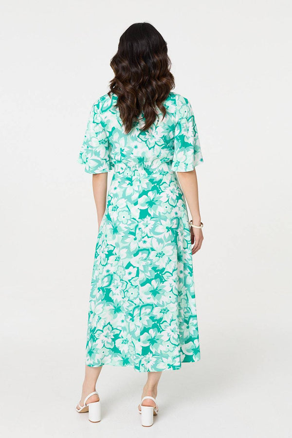 Green | Floral Flared Sleeve A-Line Midi Dress