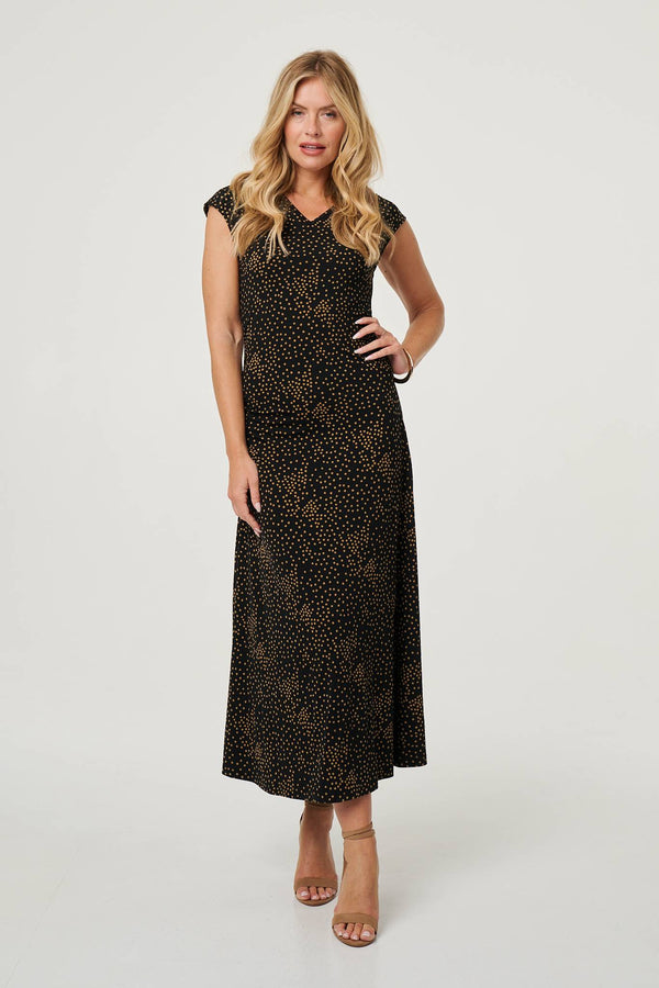Black | Polka Dot Cap Sleeve A-Line Maxi Dress