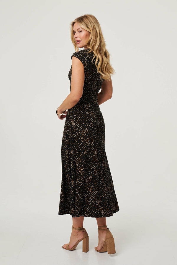 Black | Polka Dot Cap Sleeve A-Line Maxi Dress