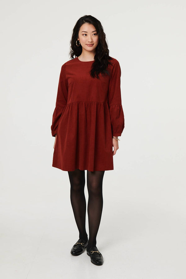 Rust | Relaxed Long Sleeve Short Smock Dress