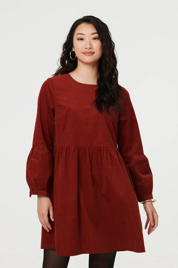 Rust | Relaxed Long Sleeve Short Smock Dress