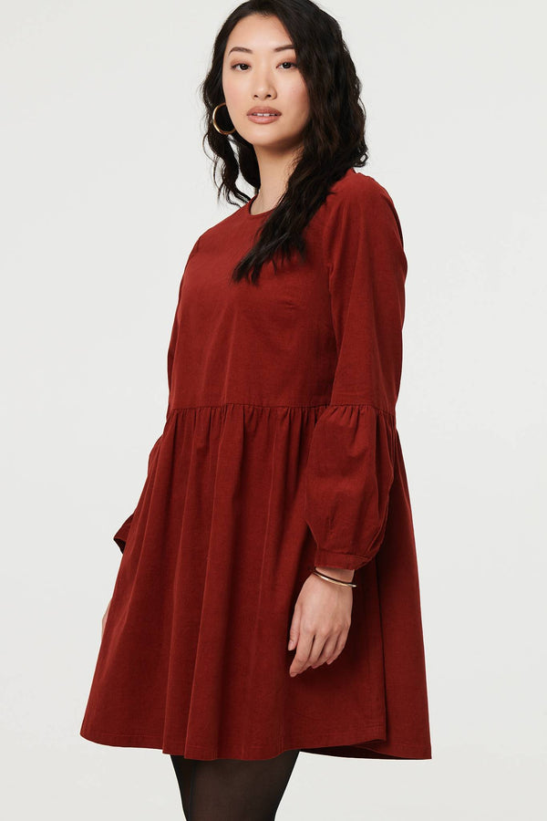 Rust | Relaxed Long Sleeve Short Smock Dress