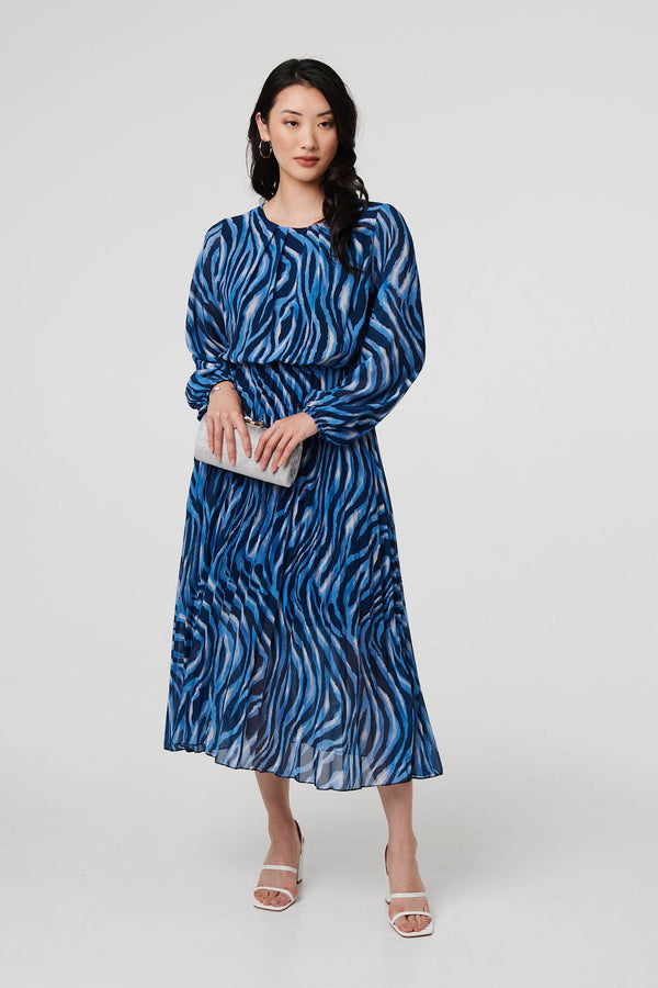 Blue | Animal Print Layered Pleated Maxi Dress