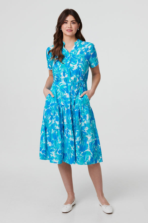 Blue | Printed Short Sleeve Tie Waist Midi Dress