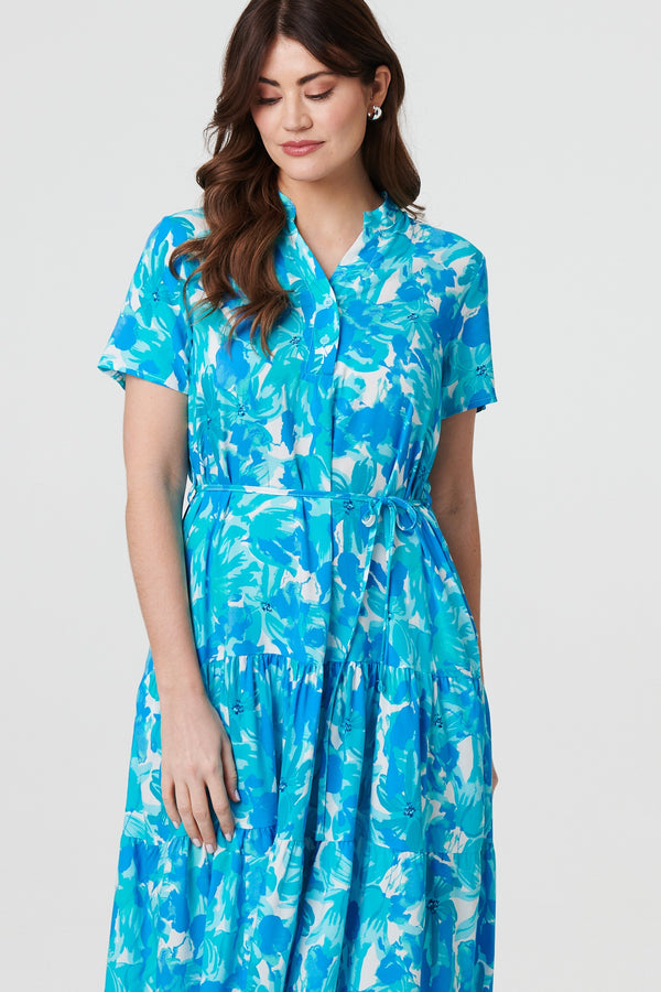 Blue | Printed Short Sleeve Tie Waist Midi Dress