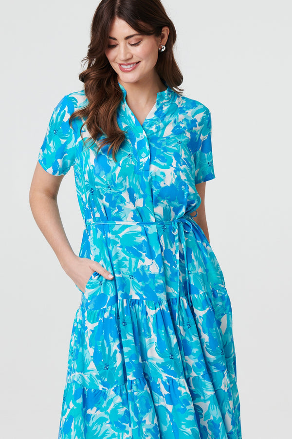 Blue | Printed Short Sleeve Tie Waist Midi Dress