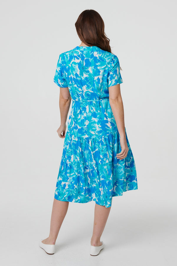 Blue | Printed Short Sleeve Tie Waist Midi Dress