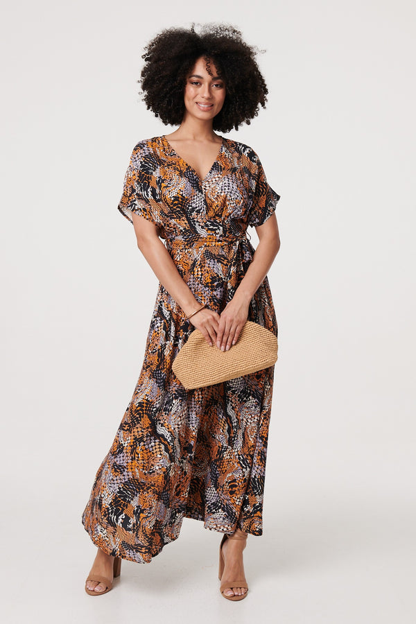 Black | Animal Print Tie Waist Kimono Maxi Dress