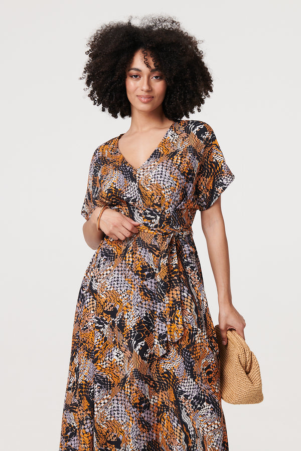 Black | Animal Print Tie Waist Kimono Maxi Dress