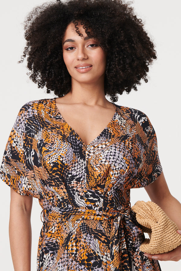 Black | Animal Print Tie Waist Kimono Maxi Dress