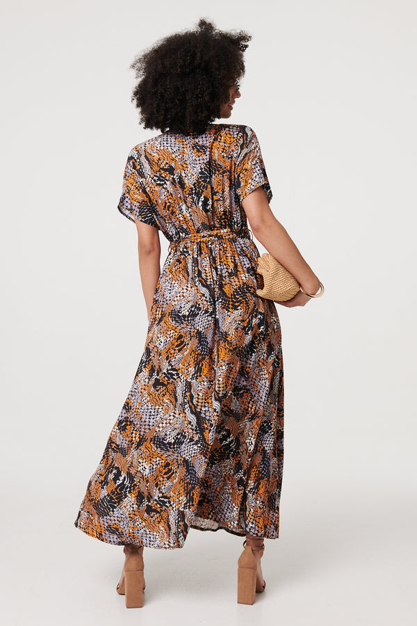 Black | Animal Print Tie Waist Kimono Maxi Dress