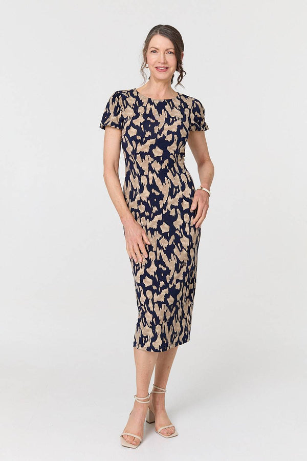 Navy | Printed Short Sleeve Slim Fit Midi Dress