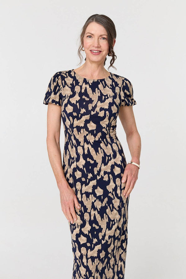 Navy | Printed Short Sleeve Slim Fit Midi Dress