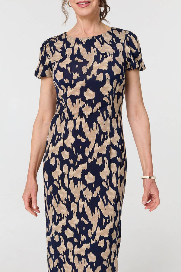Navy | Printed Short Sleeve Slim Fit Midi Dress