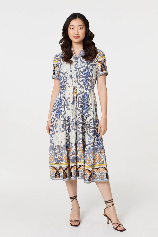Grey | Patchwork Print Short Sleeve Midi Dress