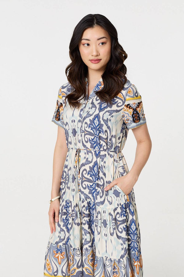Grey | Patchwork Print Short Sleeve Midi Dress
