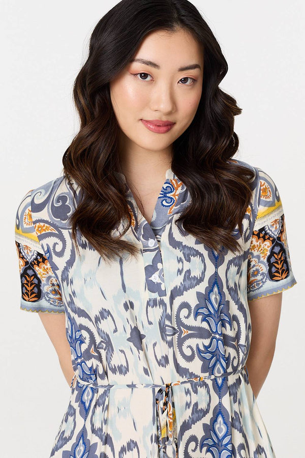 Grey | Patchwork Print Short Sleeve Midi Dress