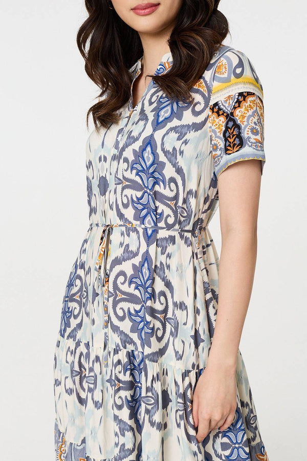 Grey | Patchwork Print Short Sleeve Midi Dress