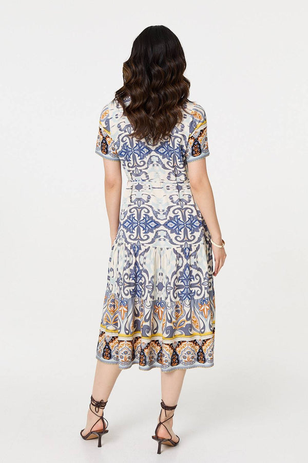 Grey | Patchwork Print Short Sleeve Midi Dress