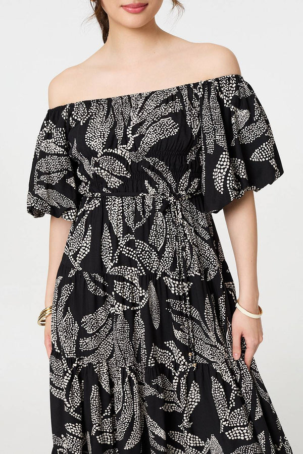 Black | Leaf Print Puff 1/2 Sleeve Midi Dress