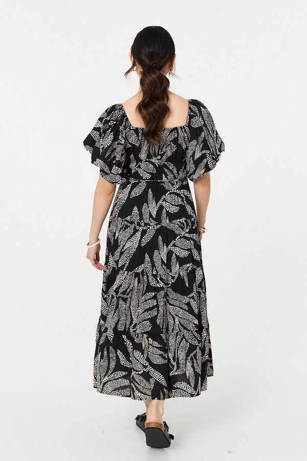 Black | Leaf Print Puff 1/2 Sleeve Midi Dress