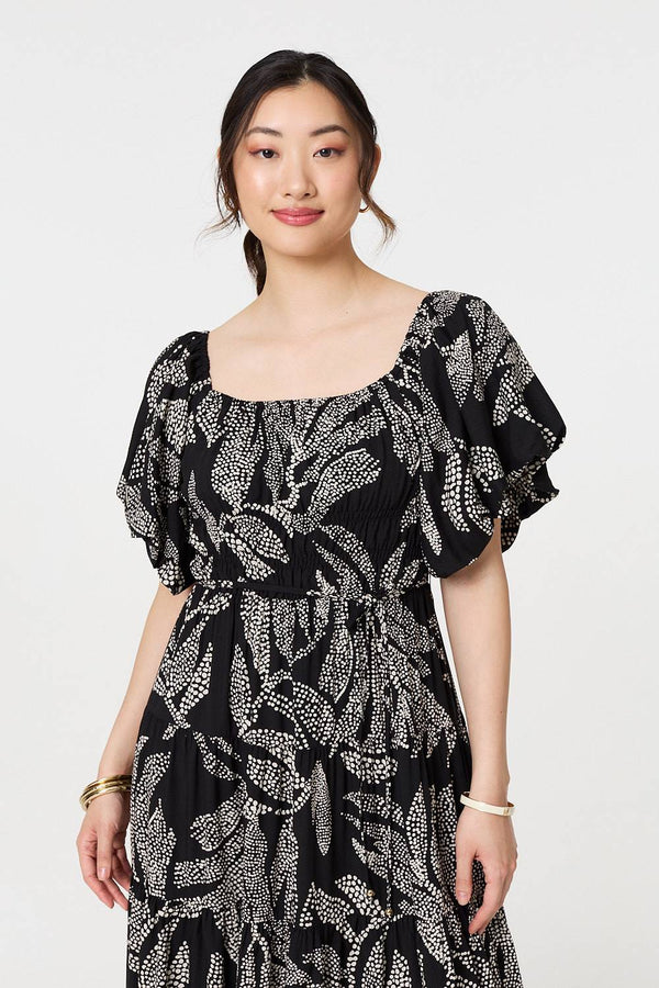 Black | Leaf Print Puff 1/2 Sleeve Midi Dress