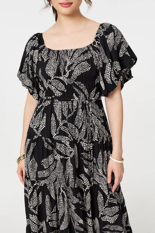 Black | Leaf Print Puff 1/2 Sleeve Midi Dress