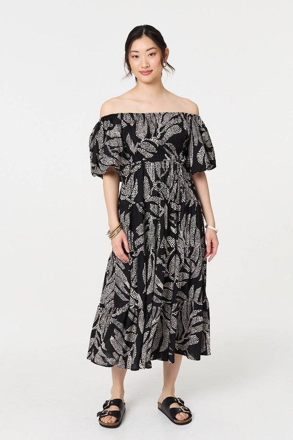Black | Leaf Print Puff 1/2 Sleeve Midi Dress