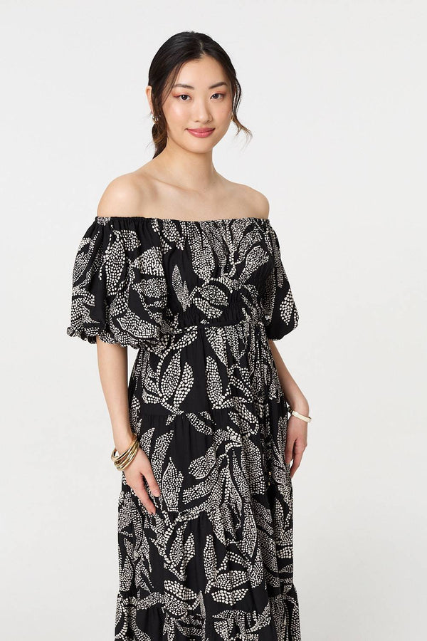 Black | Leaf Print Puff 1/2 Sleeve Midi Dress
