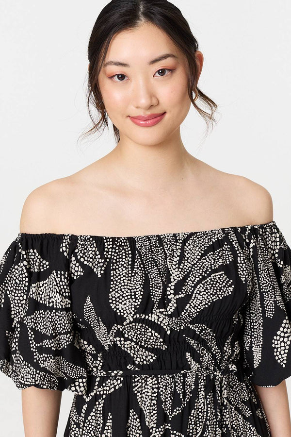 Black | Leaf Print Puff 1/2 Sleeve Midi Dress