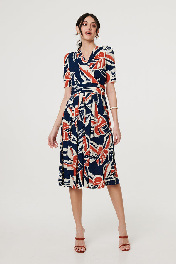 Navy | Floral V-Neck Pleated Midi Wrap Dress