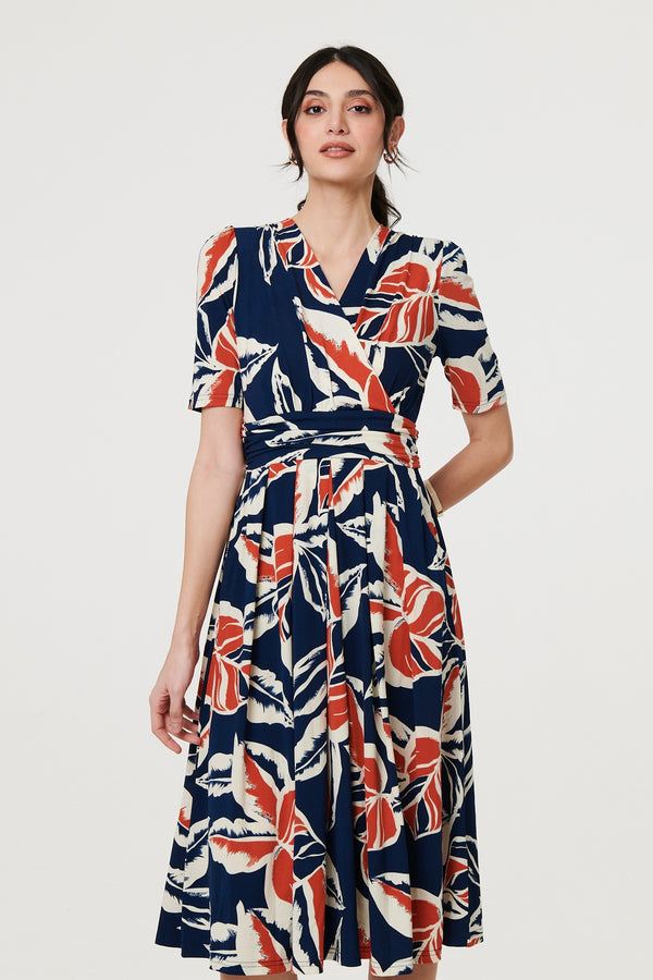 Navy | Floral V-Neck Pleated Midi Wrap Dress