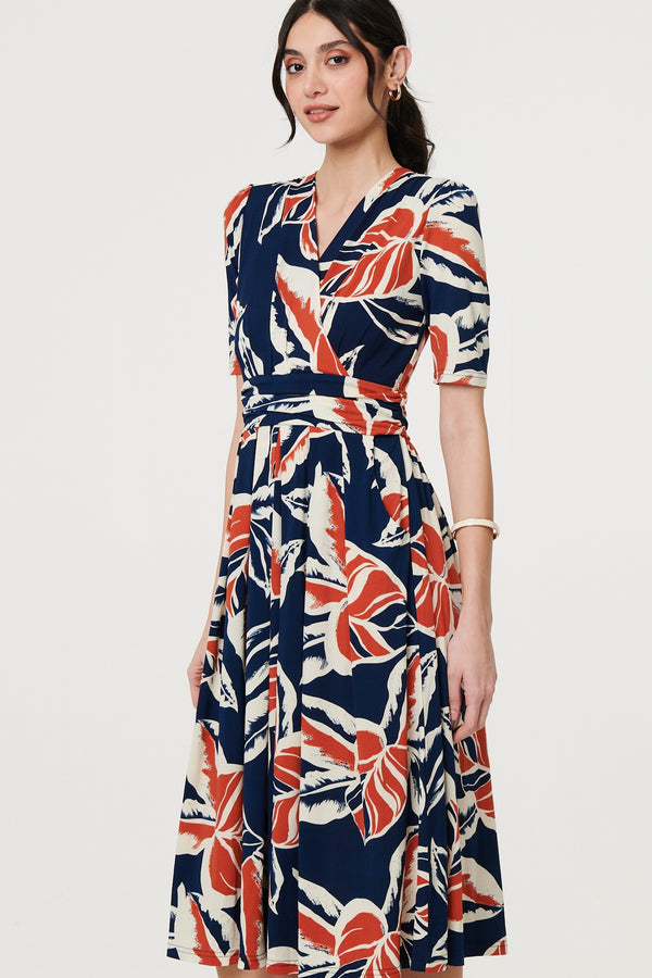 Navy | Floral V-Neck Pleated Midi Wrap Dress