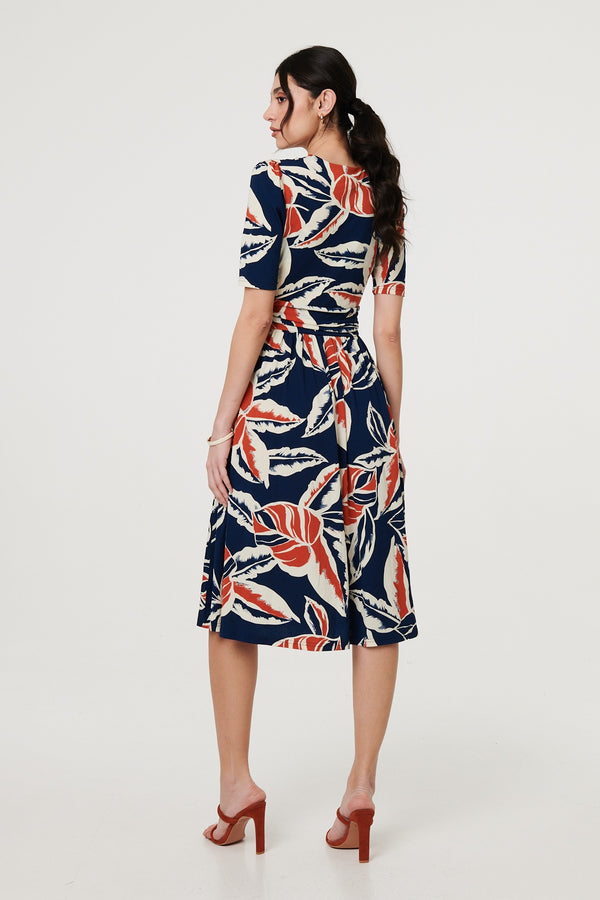 Navy | Floral V-Neck Pleated Midi Wrap Dress