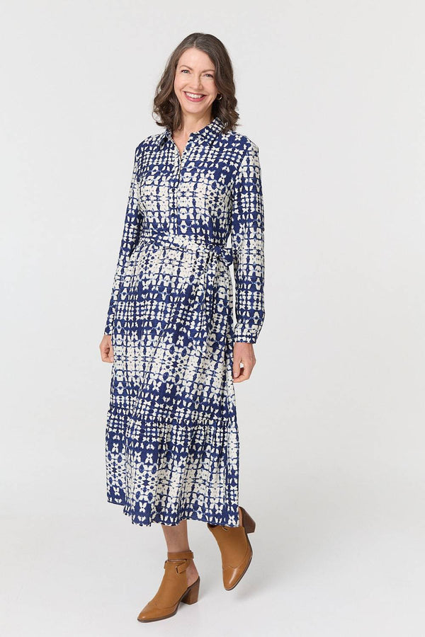Navy | Printed Tie Front Midi Shirt Dress
