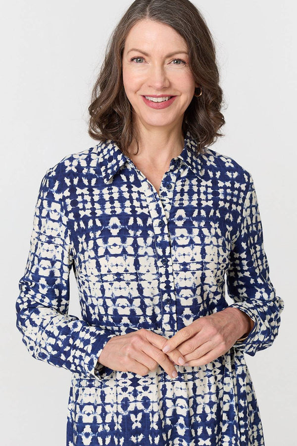 Navy | Printed Tie Front Midi Shirt Dress