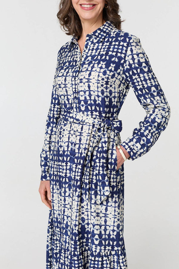 Navy | Printed Tie Front Midi Shirt Dress
