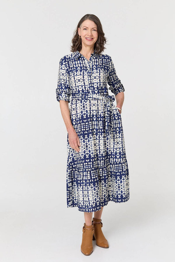 Navy | Printed Tie Front Midi Shirt Dress