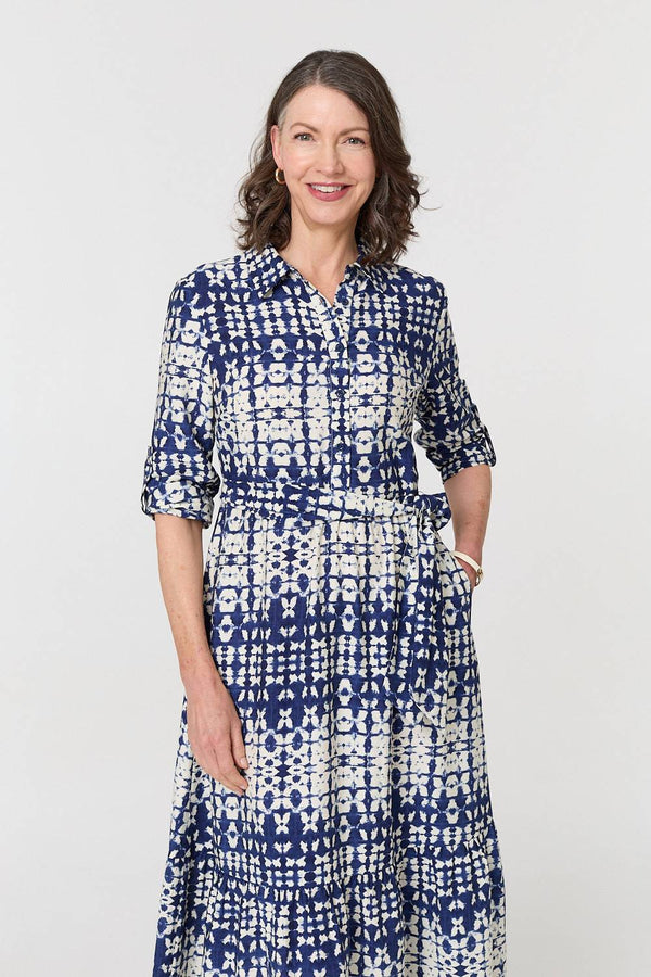 Navy | Printed Tie Front Midi Shirt Dress