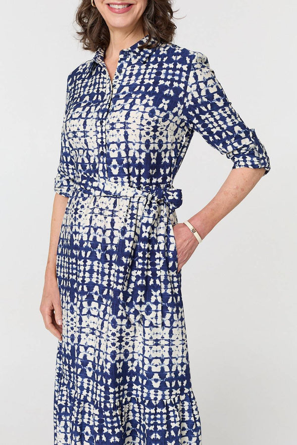 Navy | Printed Tie Front Midi Shirt Dress
