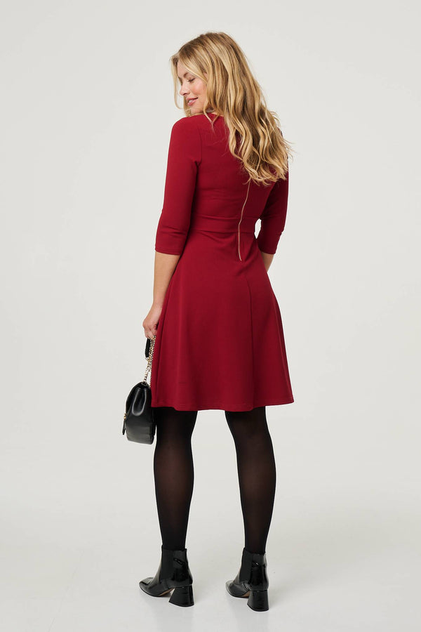 Red | V-Neck 3/4 Sleeve Short Skater Dress