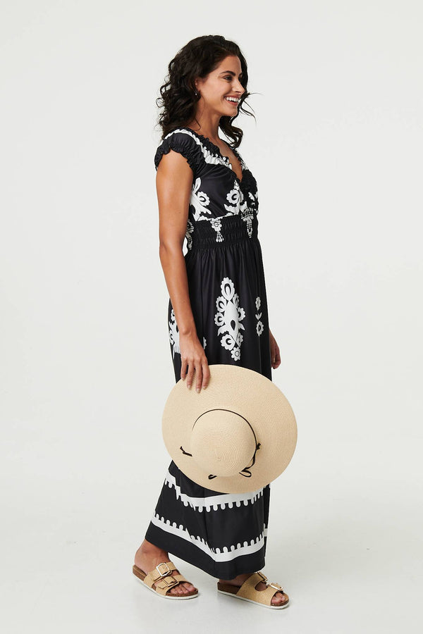 Black | Ikat Print Ruched Cap Sleeve Maxi Dress