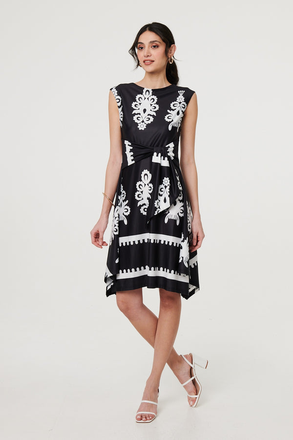 Black And White | Ikat Print Tie Front Knee Length Dress
