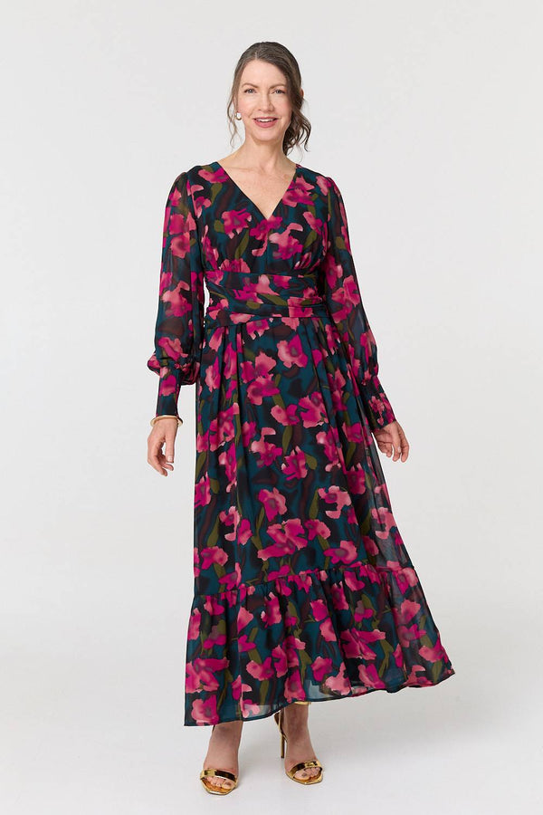 Green | Floral Ruched Long Sleeve Maxi Dress