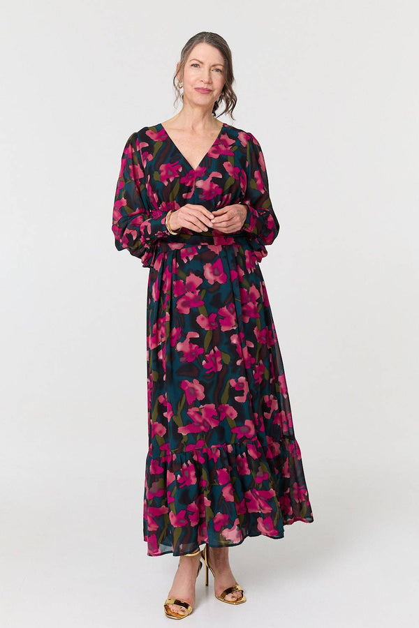 Green | Floral Ruched Long Sleeve Maxi Dress