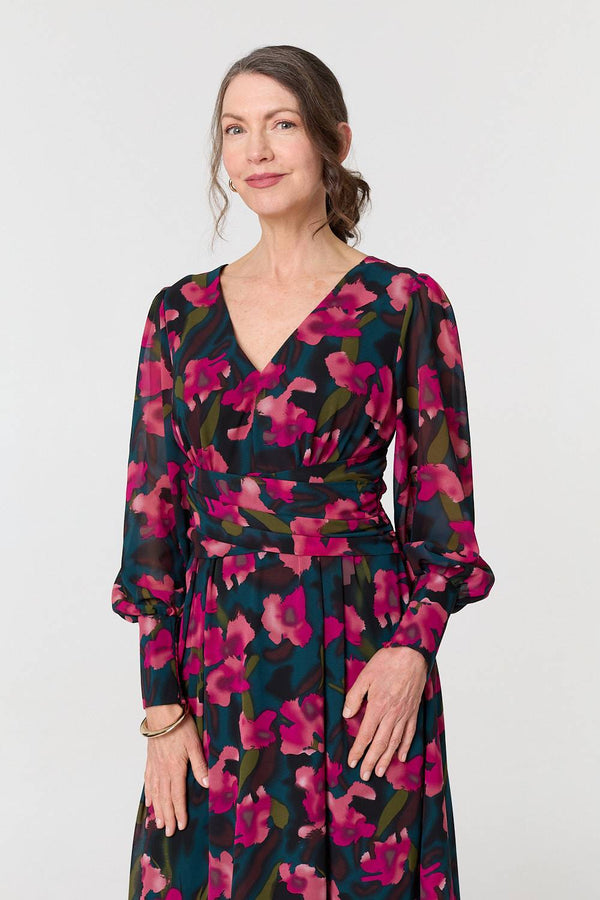 Green | Floral Ruched Long Sleeve Maxi Dress