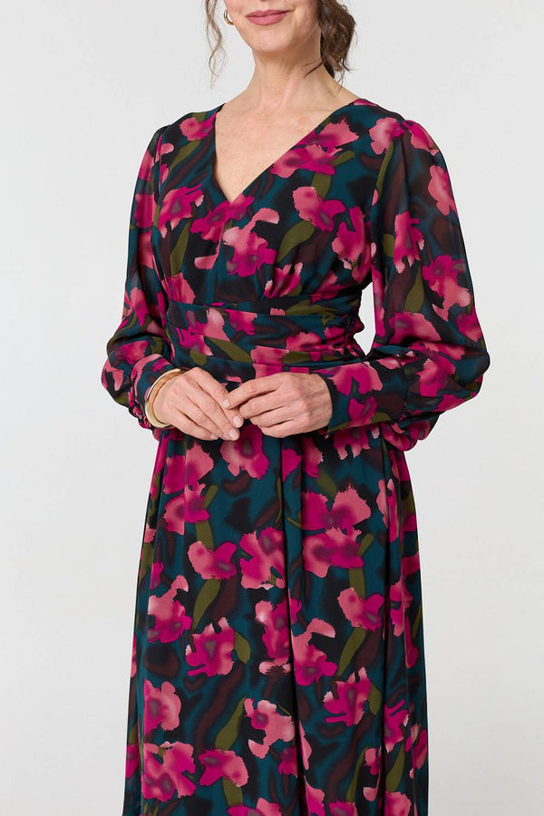 Green | Floral Ruched Long Sleeve Maxi Dress