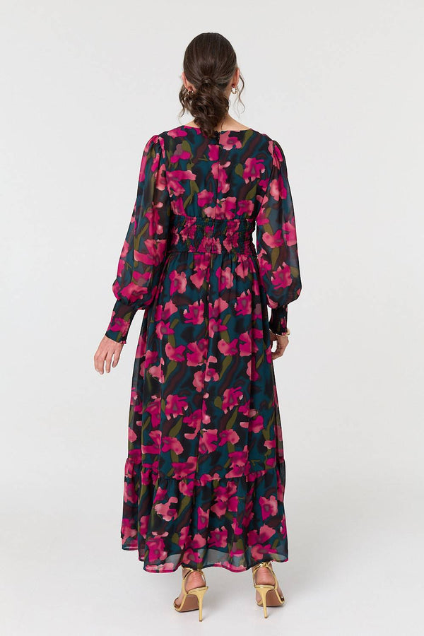 Green | Floral Ruched Long Sleeve Maxi Dress