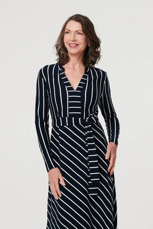 Blue | Striped Tie Waist Long Sleeve Midi Dress